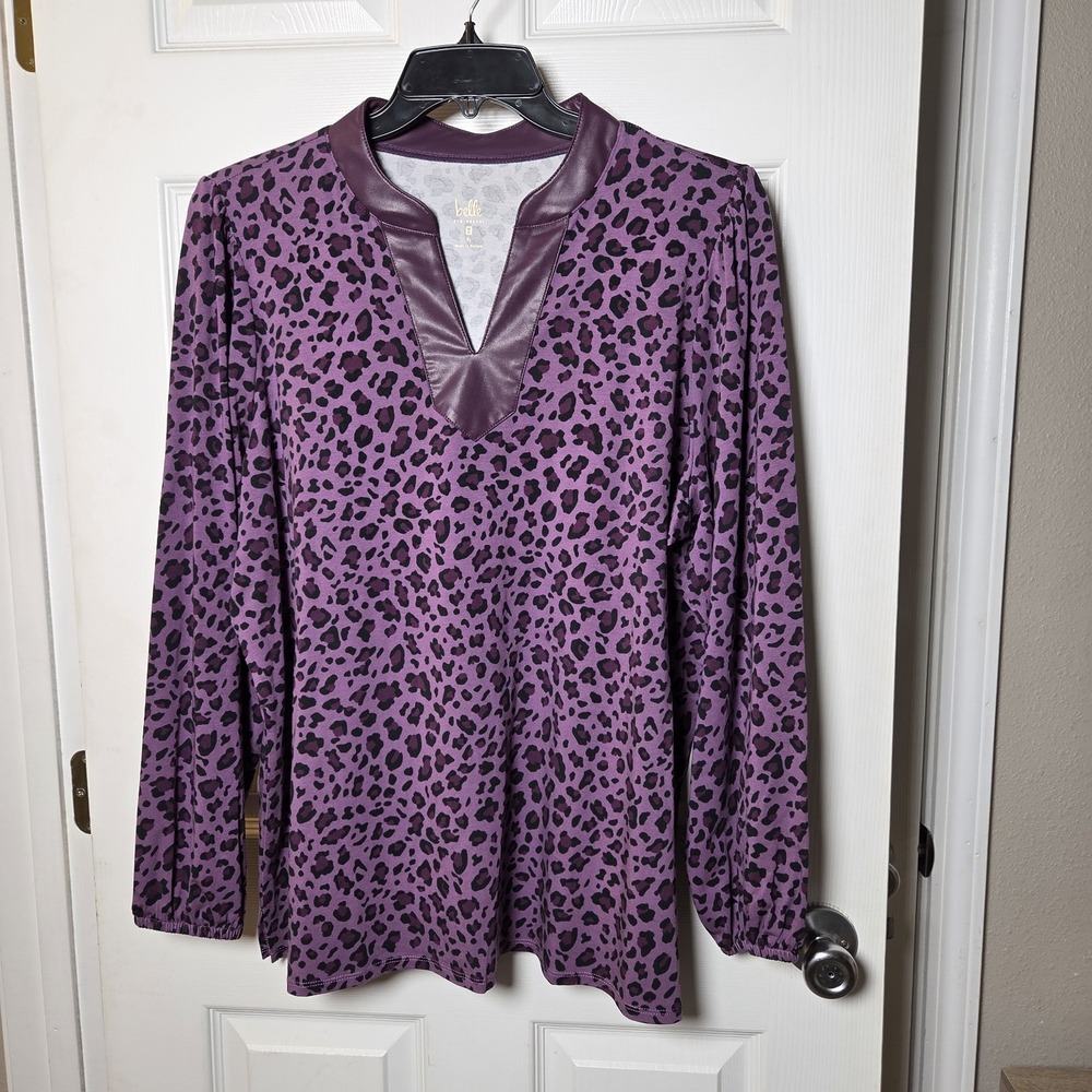 Belle Kim Gravel XL purple cheetahโ tunic top faux leather trim casual bold fun